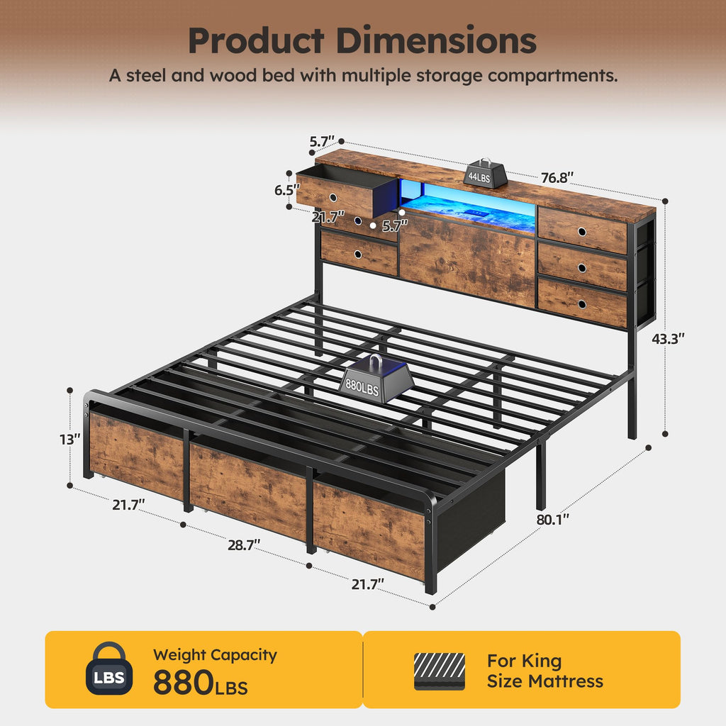 King Size Bed Frame with 9 Drawers and Charging Station S372112