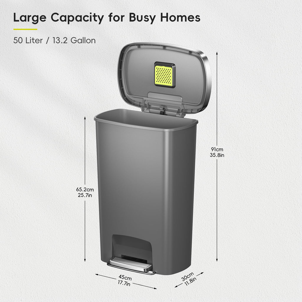 13.2 Gallon / 50L Grey Plastic Step Trash Can with Stainless Steel Lid L575154