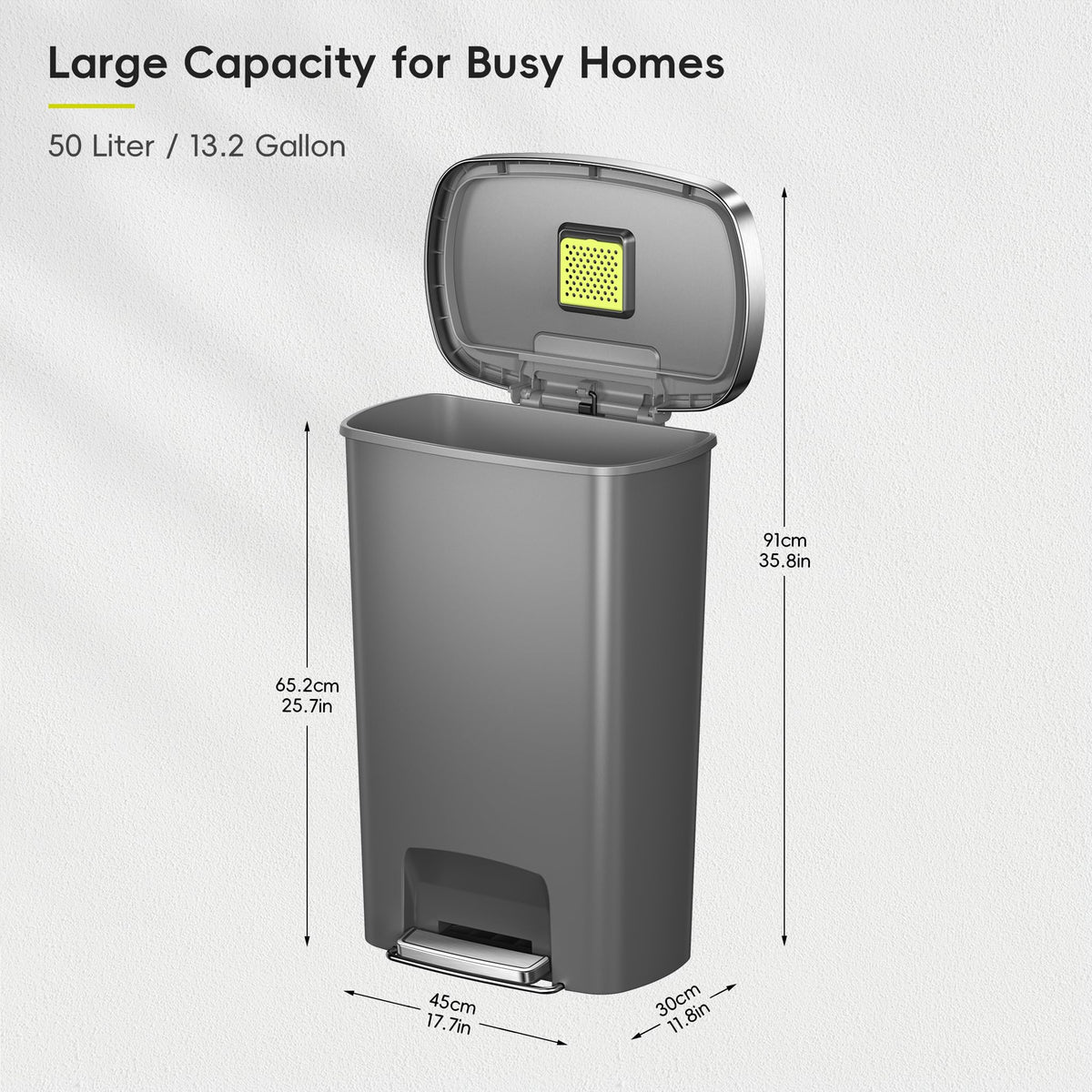 13.2 Gallon / 50L Grey Plastic Step Trash Can with Stainless Steel Lid L575154