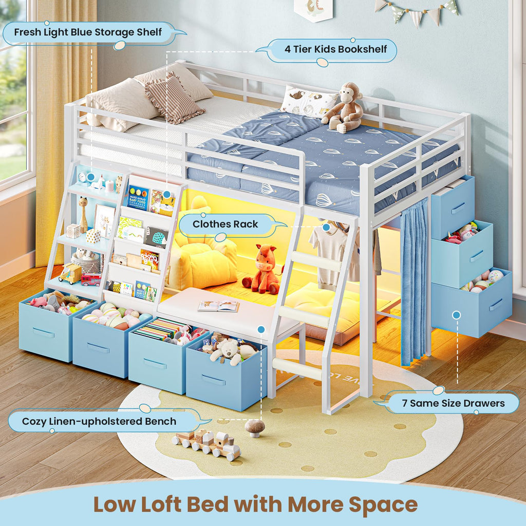White & Blue Twin Loft Bed with 7 Storage Drawers J382