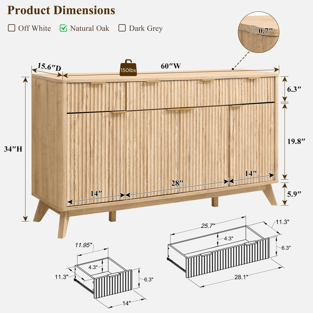 60" Natural Oak Storage Sideboard Cabinet with Drawers N53187