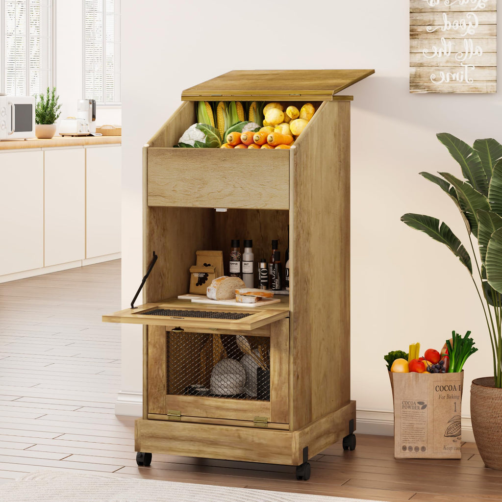 3 Tier Wooden Potato and Onion Storage Bin with Wheels A229345