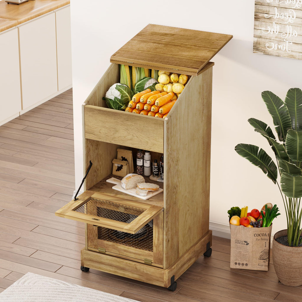 3 Tier Wooden Potato and Onion Storage Bin with Wheels A229345