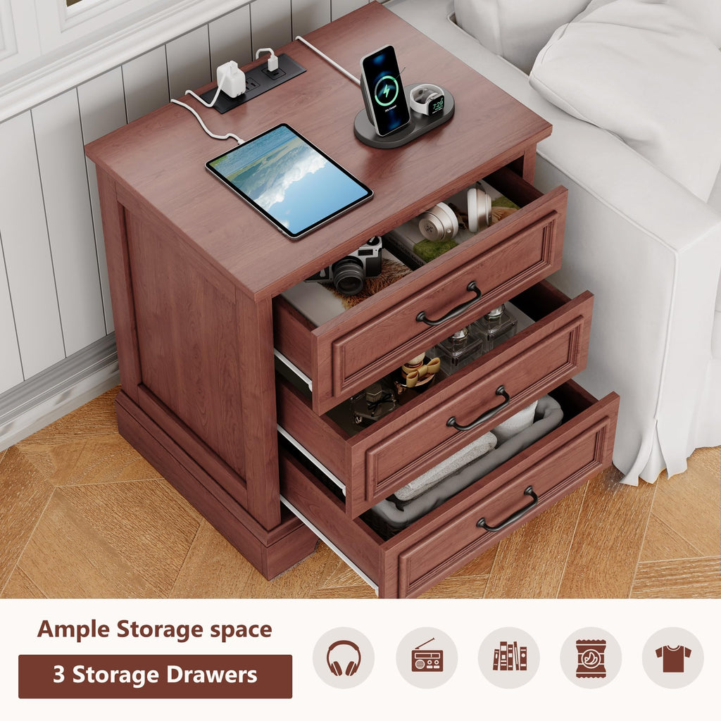 Cherry Brown 3 Drawer Nightstand with Charging Station K424