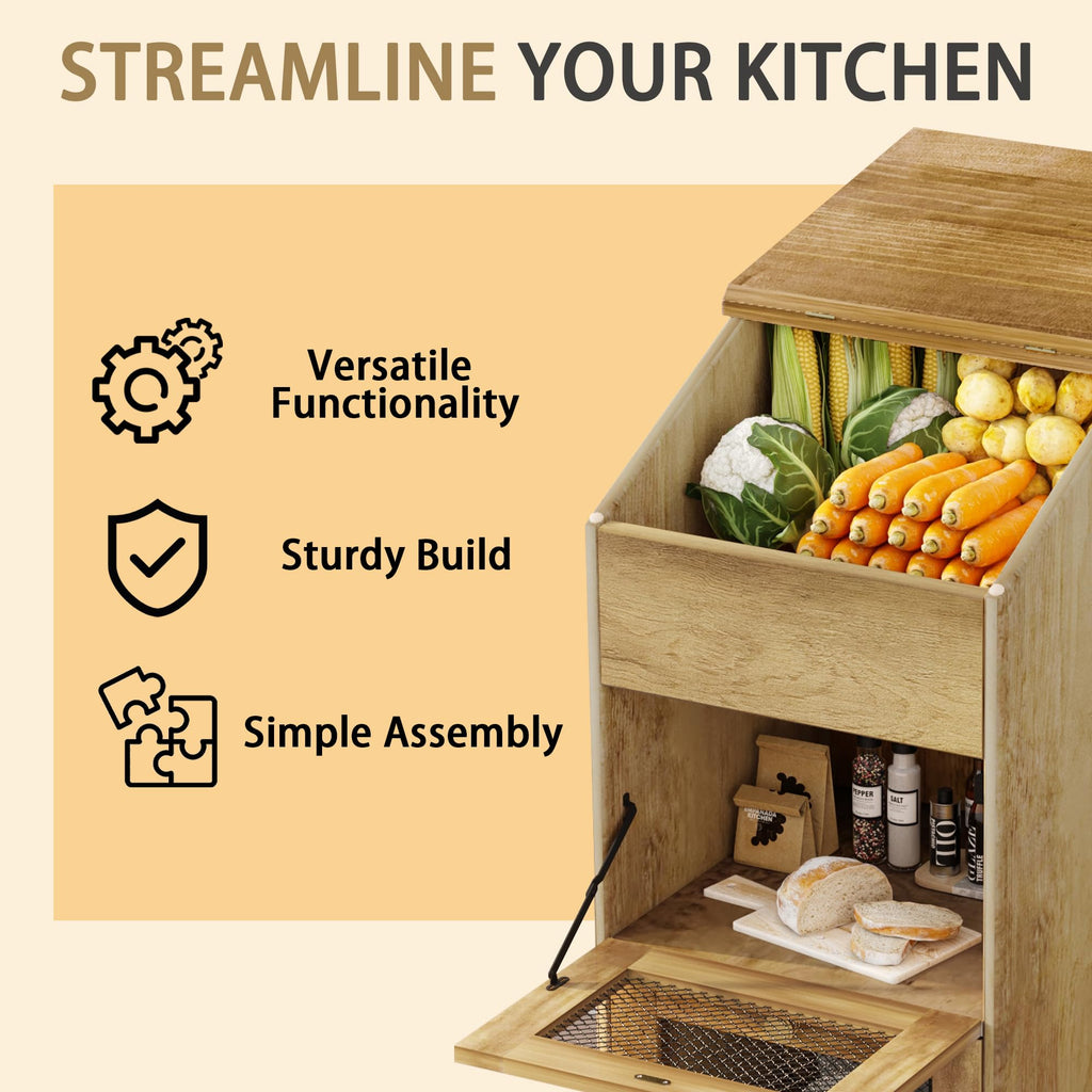 3 Tier Wooden Potato and Onion Storage Bin with Wheels A229345