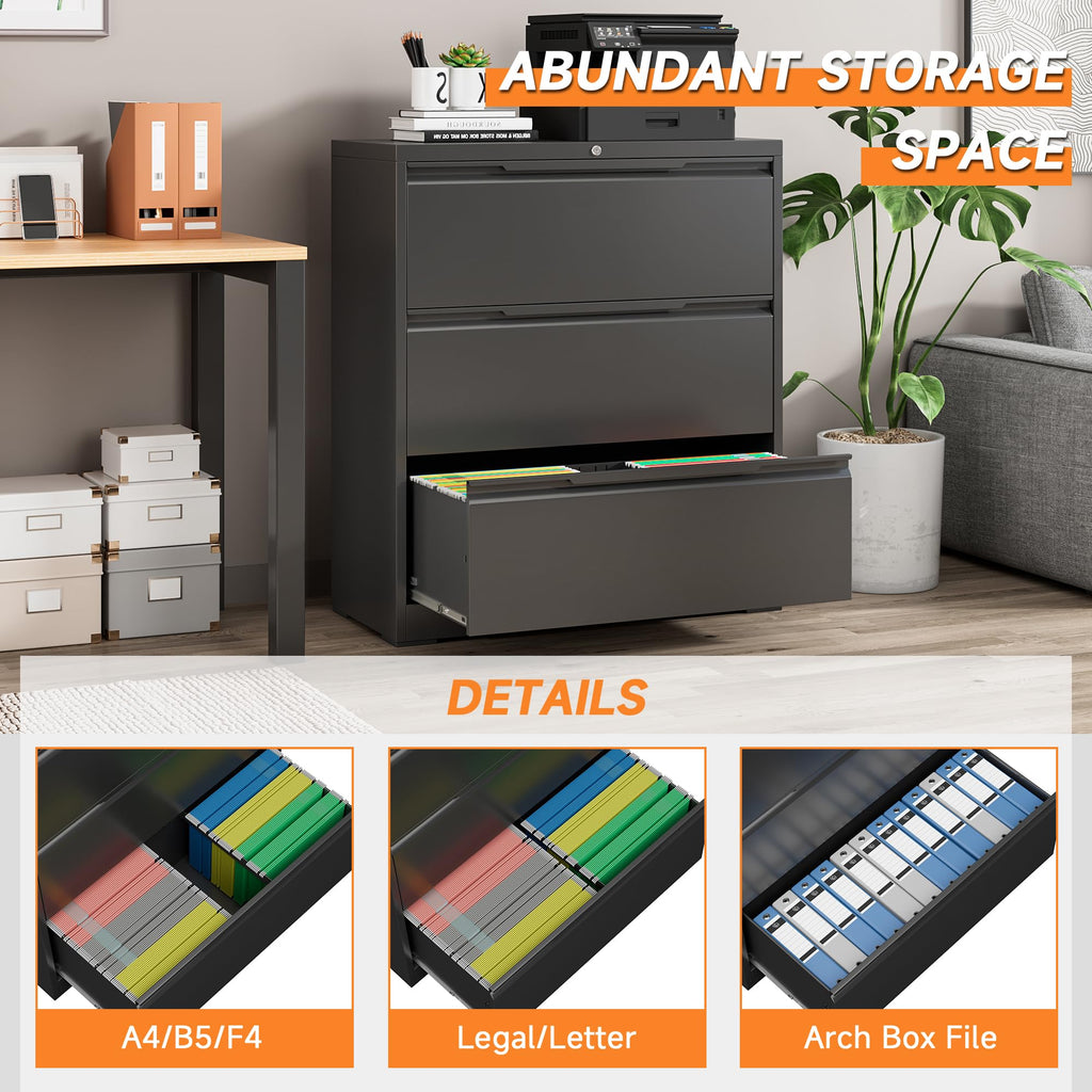 Black 3 Drawer Lockable Metal Lateral File Cabinet S192604
