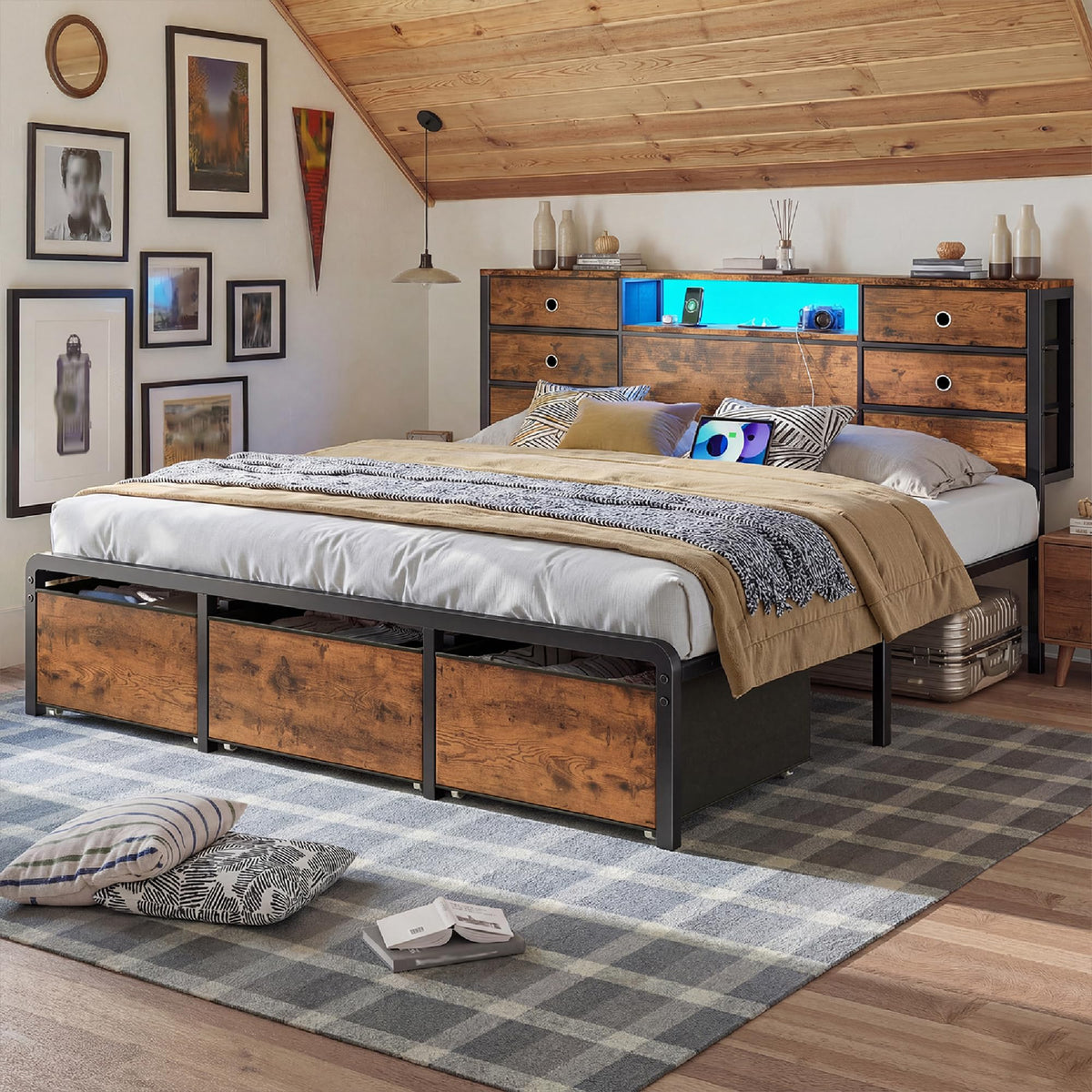 King Size Bed Frame with 9 Drawers and Charging Station S372112