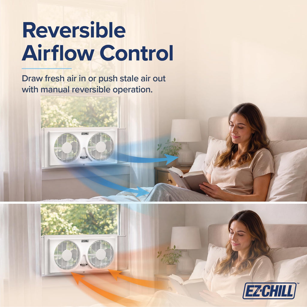 9" Twin Window Fan with Manual Reversible Airflow, 2 Speed, White T471128