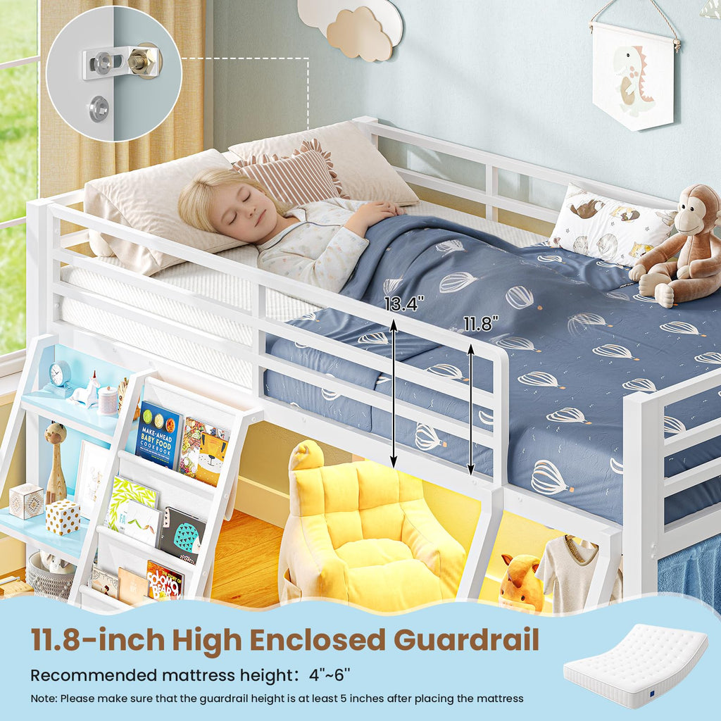 White & Blue Twin Loft Bed with 7 Storage Drawers J382