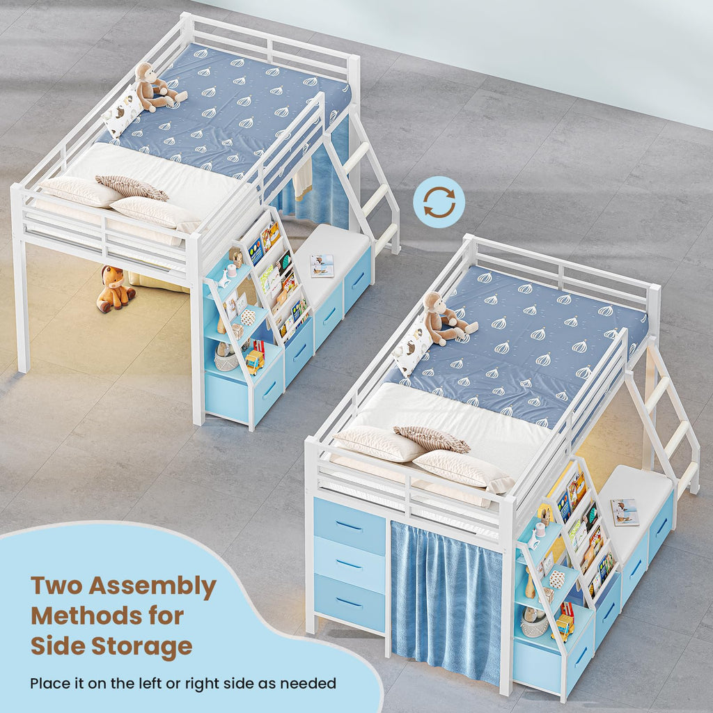 White & Blue Twin Loft Bed with 7 Storage Drawers J382
