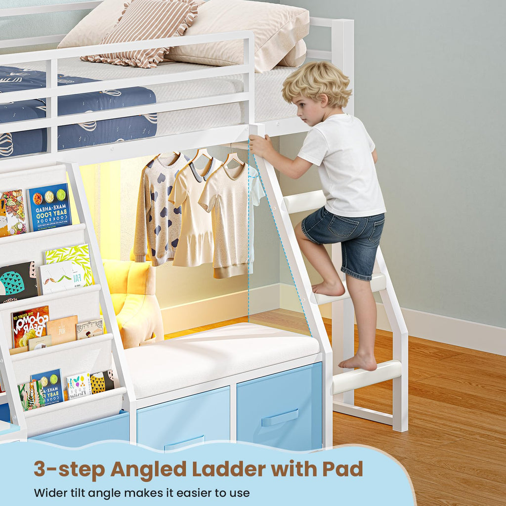 White & Blue Twin Loft Bed with 7 Storage Drawers J382