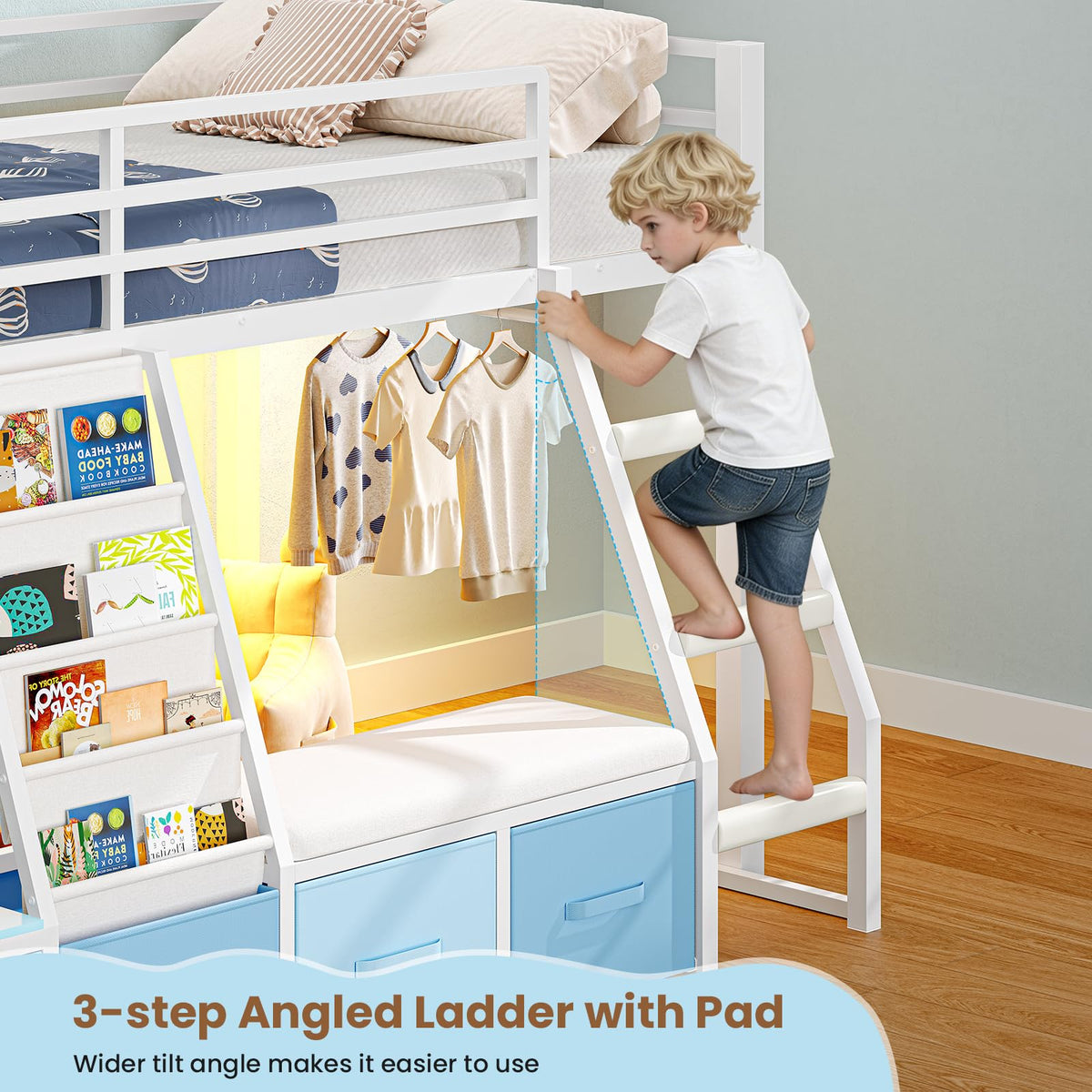 White & Blue Twin Loft Bed with 7 Storage Drawers J382
