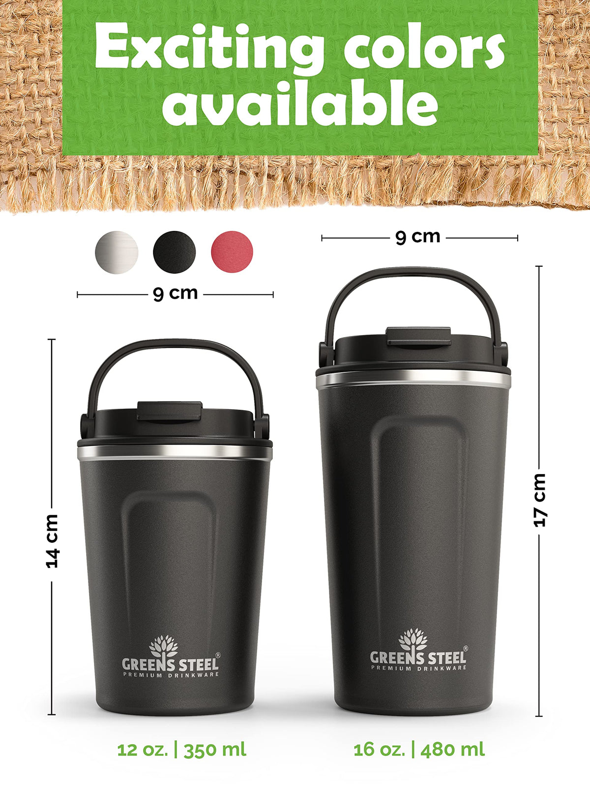 16 oz Black Stainless Steel Insulated Coffee Cup with Lid and Handle R43483