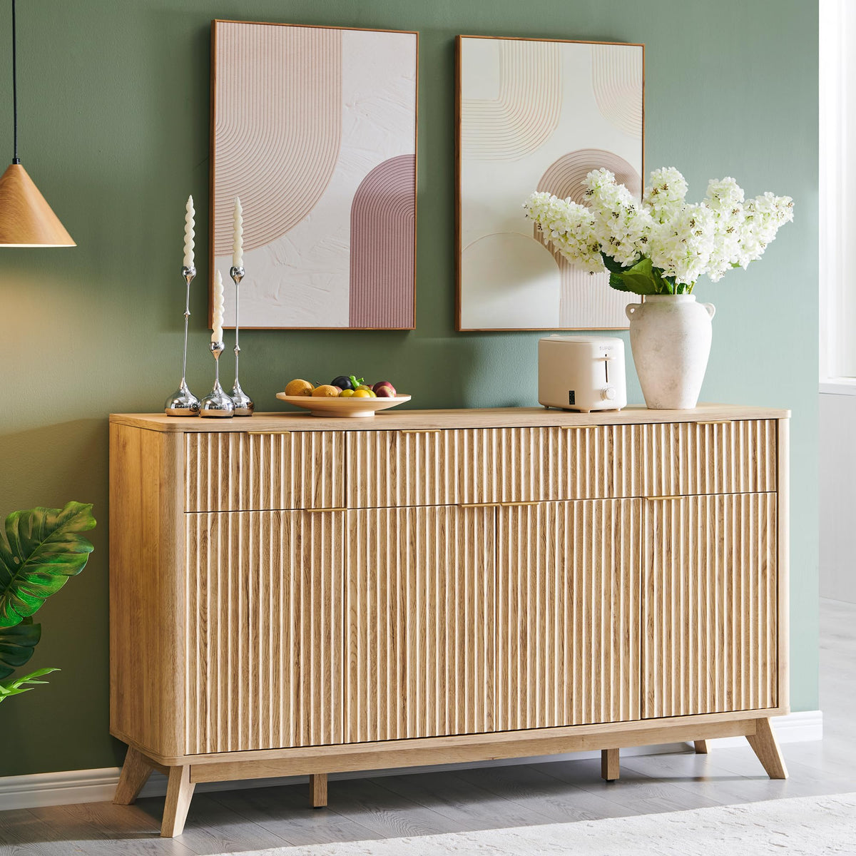 60" Natural Oak Storage Sideboard Cabinet with Drawers N53187