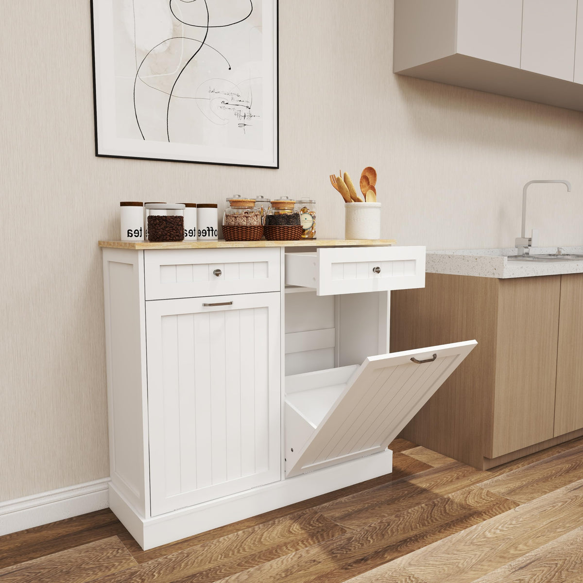 White Double Tilt Out Trash Cabinet with Drawers H76659