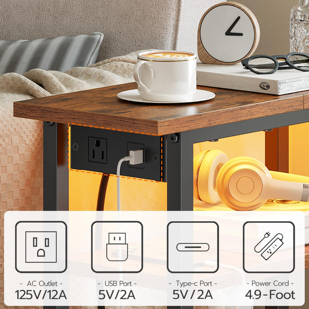Narrow Side Table with Charging Station and LED Light X243996