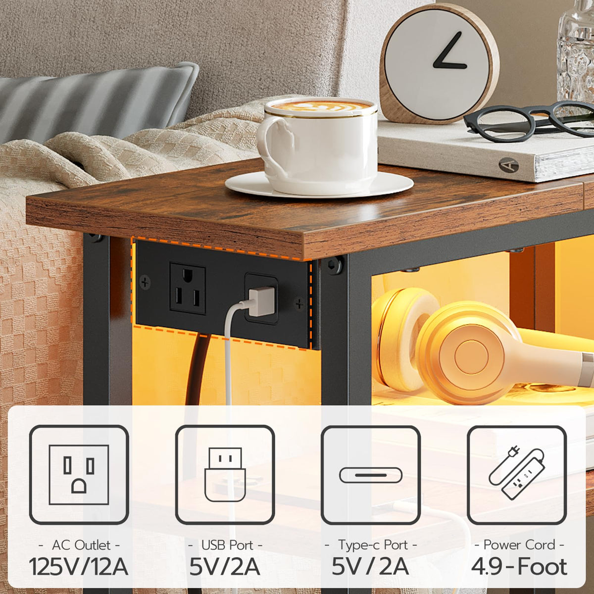 Narrow Side Table with Charging Station and LED Light X243996