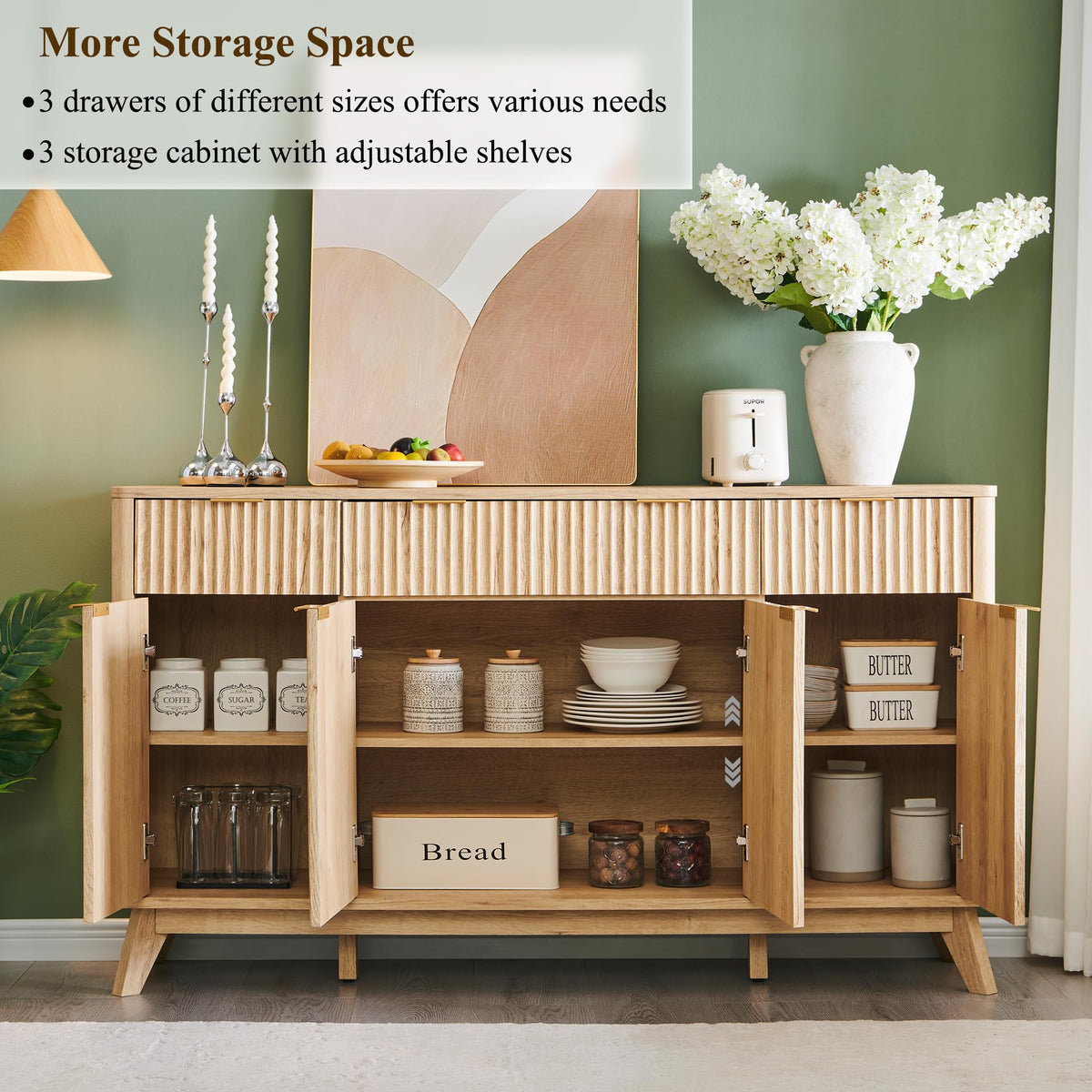 60" Natural Oak Storage Sideboard Cabinet with Drawers N53187