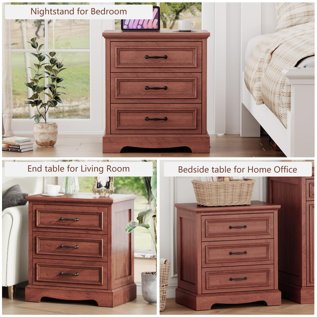 Cherry Brown 3 Drawer Nightstand with Charging Station K424