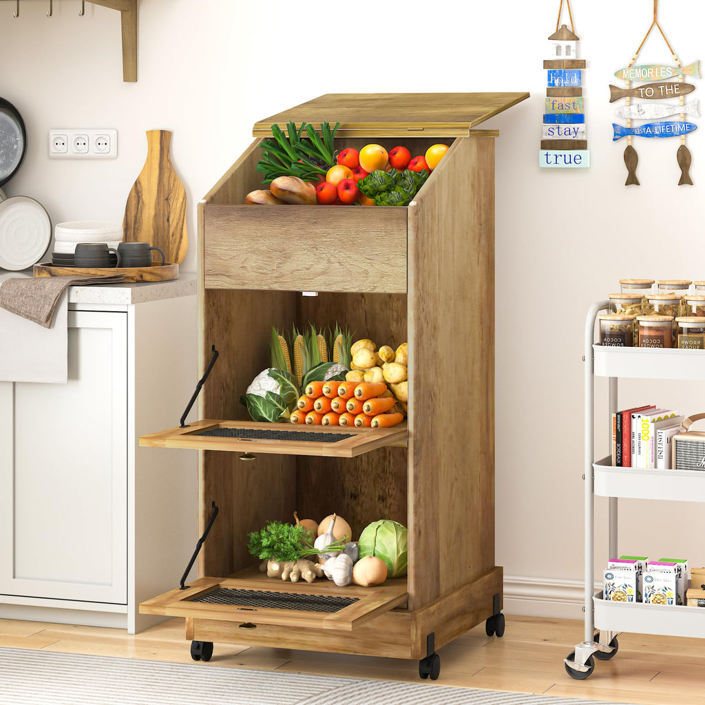 3 Tier Wooden Potato and Onion Storage Bin with Wheels A229345