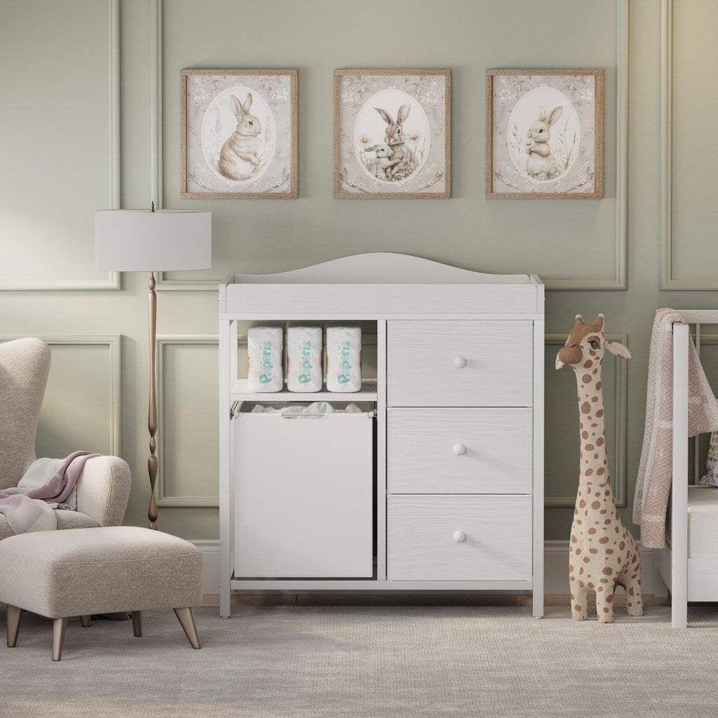 White Changing Table with 3 Fabric Drawers and Laundry Hamper G9502