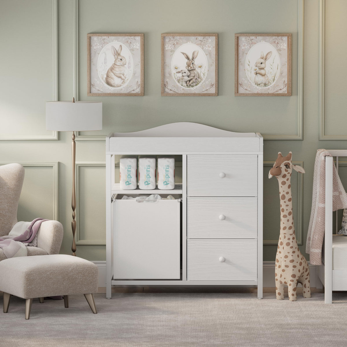 White Changing Table with 3 Fabric Drawers and Laundry Hamper G9502