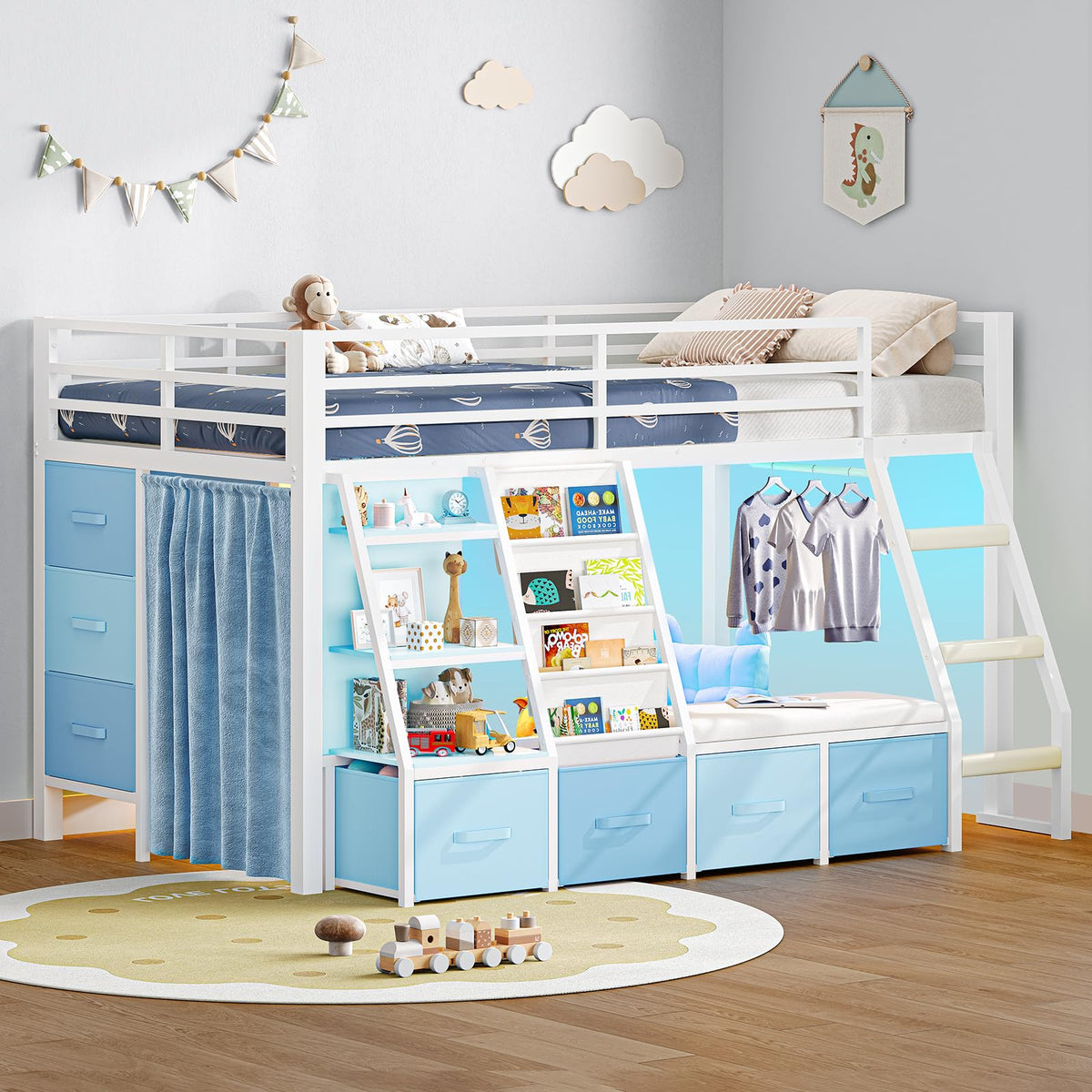 White & Blue Twin Loft Bed with 7 Storage Drawers J382