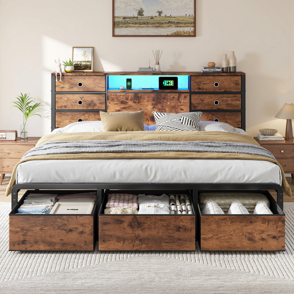 King Size Bed Frame with 9 Drawers and Charging Station S372112