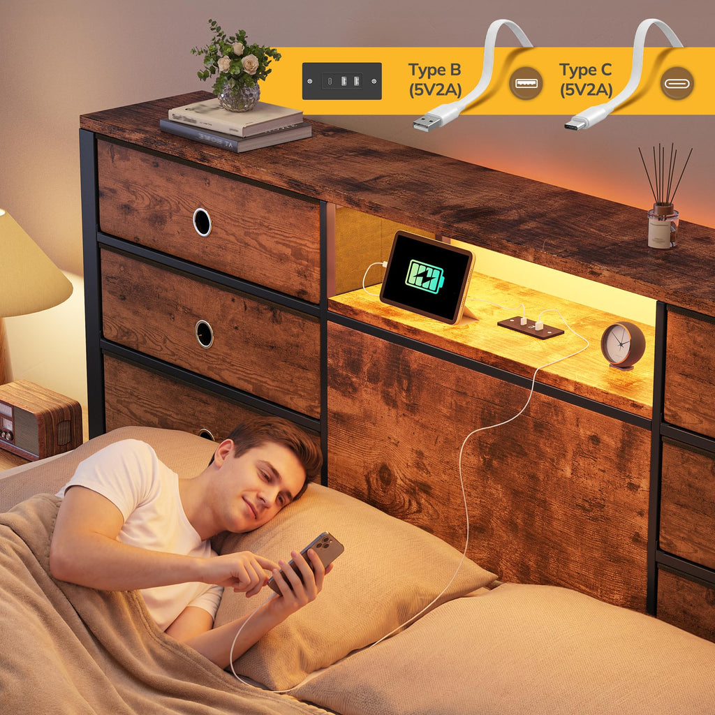 King Size Bed Frame with 9 Drawers and Charging Station S372112