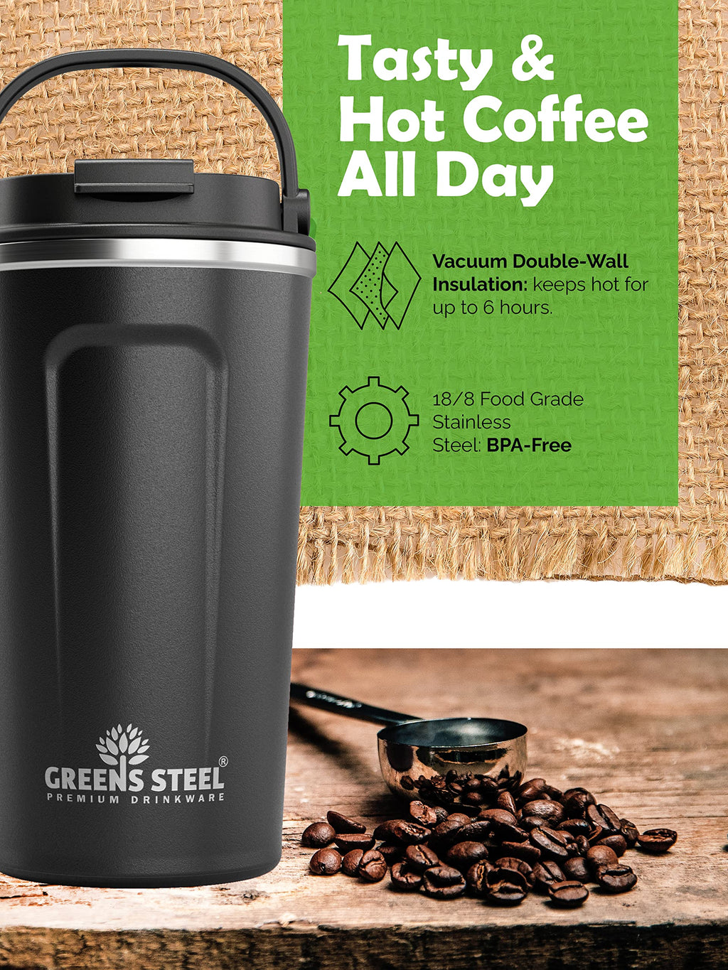 16 oz Black Stainless Steel Insulated Coffee Cup with Lid and Handle R43483