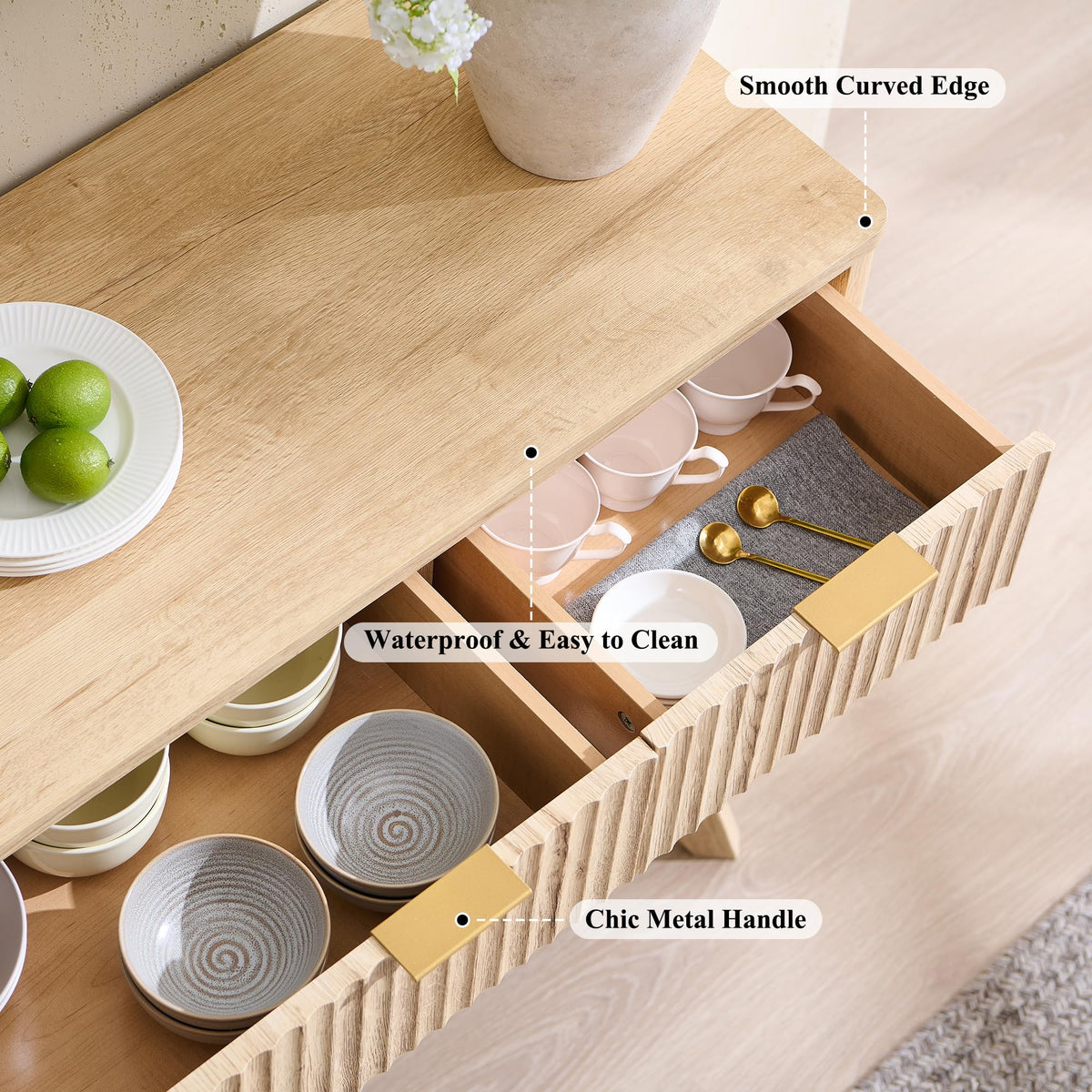 60" Natural Oak Storage Sideboard Cabinet with Drawers N53187