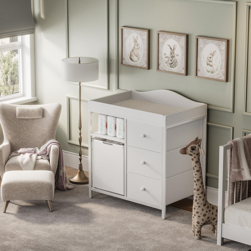White Changing Table with 3 Fabric Drawers and Laundry Hamper G9502