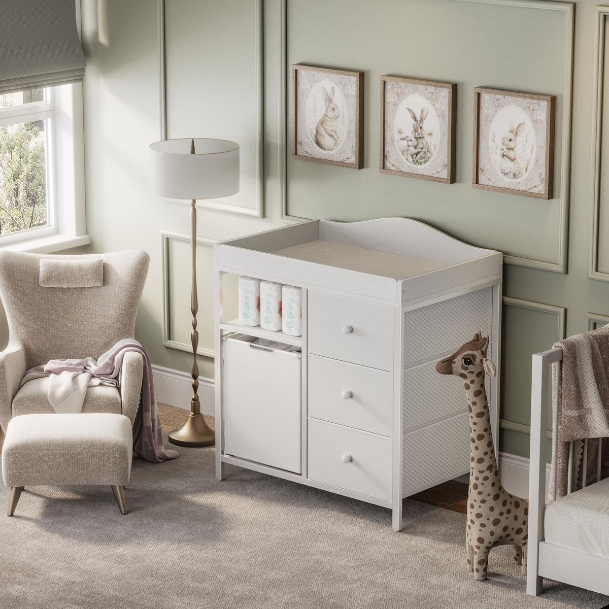 White Changing Table with 3 Fabric Drawers and Laundry Hamper G9502