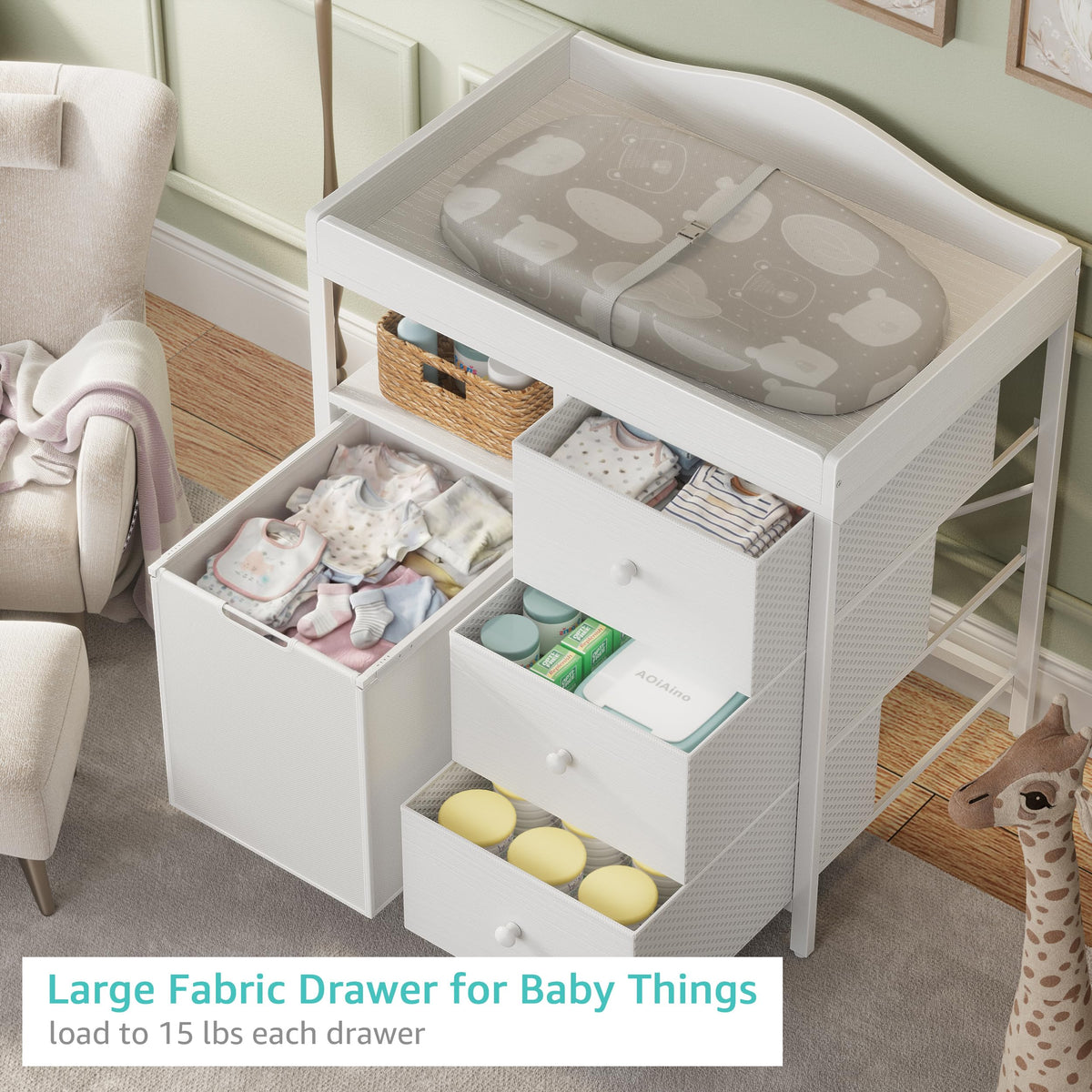 White Changing Table with 3 Fabric Drawers and Laundry Hamper G9502