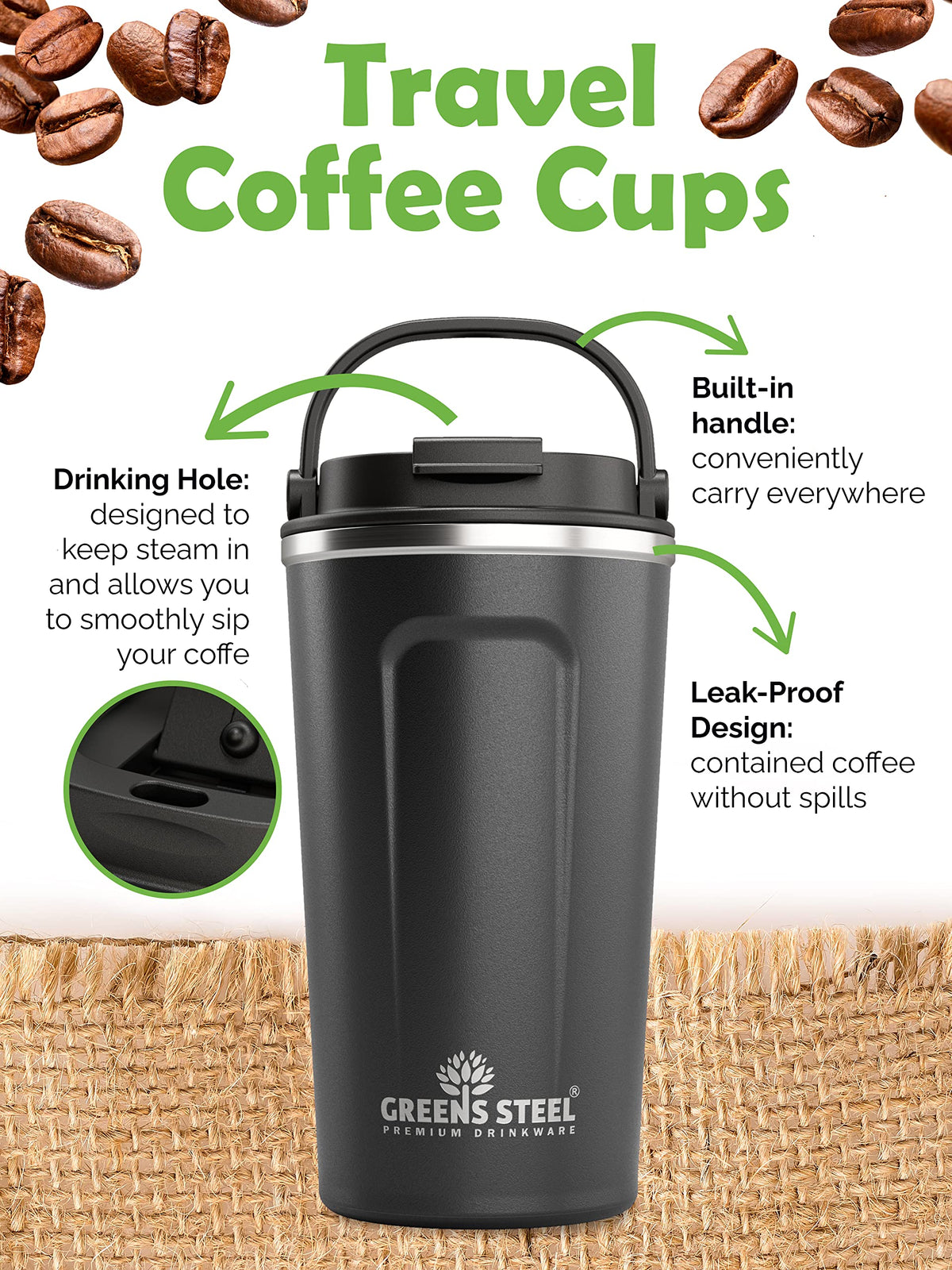 16 oz Black Stainless Steel Insulated Coffee Cup with Lid and Handle R43483