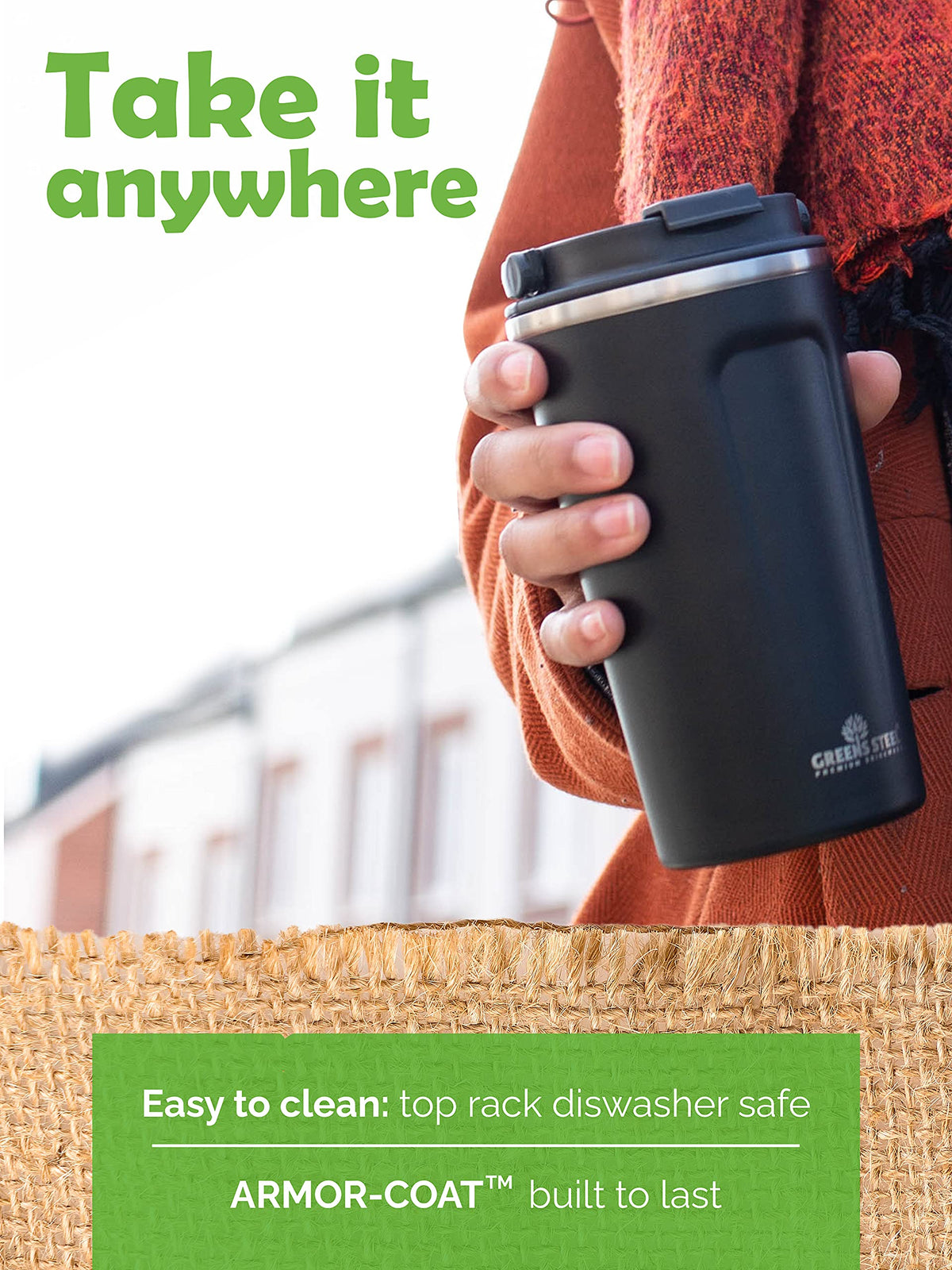 16 oz Black Stainless Steel Insulated Coffee Cup with Lid and Handle R43483