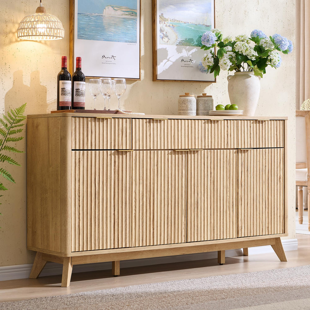 60" Natural Oak Storage Sideboard Cabinet with Drawers N53187
