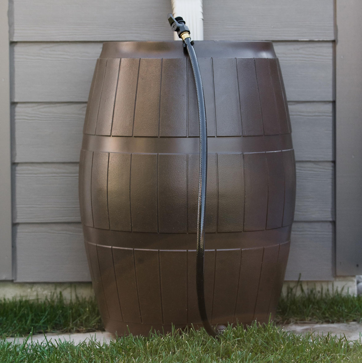 Brown 50 Gallon Flat-Back Rain Barrel with Spigots P360