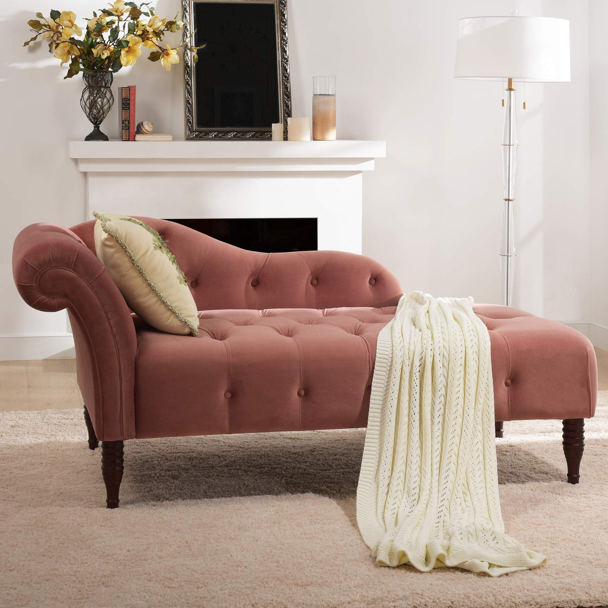 Ash Rose Pink Velvet Tufted Roll Arm Chaise Lounge B258